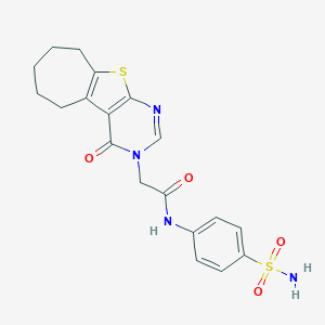 molecular formula C19H20N4O4S2 B276336 N-[4-(aminosulfonyl)phenyl]-2-(4-oxo-6,7,8,9-tetrahydro-4H-cyclohepta[4,5]thieno[2,3-d]pyrimidin-3(5H)-yl)acetamide 