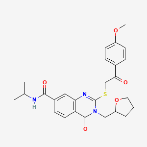 molecular formula C26H29N3O5S B2763367 N-isopropyl-2-((2-(4-methoxyphenyl)-2-oxoethyl)thio)-4-oxo-3-((tetrahydrofuran-2-yl)methyl)-3,4-dihydroquinazoline-7-carboxamide CAS No. 946269-40-5