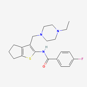 molecular formula C21H26FN3OS B2763375 N-(3-((4-ethylpiperazin-1-yl)methyl)-5,6-dihydro-4H-cyclopenta[b]thiophen-2-yl)-4-fluorobenzamide CAS No. 667913-59-9