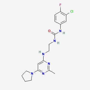 molecular formula C18H22ClFN6O B2763385 1-(3-Chloro-4-fluorophenyl)-3-(2-((2-methyl-6-(pyrrolidin-1-yl)pyrimidin-4-yl)amino)ethyl)urea CAS No. 1203248-85-4