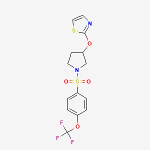 molecular formula C14H13F3N2O4S2 B2763430 2-((1-((4-(Trifluoromethoxy)phenyl)sulfonyl)pyrrolidin-3-yl)oxy)thiazole CAS No. 2200935-31-3