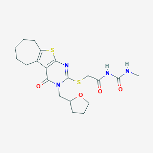 molecular formula C20H26N4O4S2 B276344 N-methyl-N'-({[4-oxo-3-(tetrahydro-2-furanylmethyl)-3,5,6,7,8,9-hexahydro-4H-cyclohepta[4,5]thieno[2,3-d]pyrimidin-2-yl]sulfanyl}acetyl)urea 