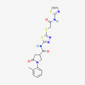 molecular formula C19H18N6O3S3 B2763449 5-氧代-N-(5-((2-氧代-2-(噻唑-2-基氨基)乙基)硫)-1,3,4-噻二唑-2-基)-1-(邻甲苯基)吡咯啶-3-羧酰胺 CAS No. 872594-88-2