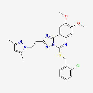 molecular formula C25H25ClN6O2S B2763465 5-((2-chlorobenzyl)thio)-2-(2-(3,5-dimethyl-1H-pyrazol-1-yl)ethyl)-8,9-dimethoxy-[1,2,4]triazolo[1,5-c]quinazoline CAS No. 1015860-55-5