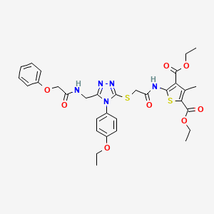 molecular formula C32H35N5O8S2 B2763482 diethyl 5-(2-((4-(4-ethoxyphenyl)-5-((2-phenoxyacetamido)methyl)-4H-1,2,4-triazol-3-yl)thio)acetamido)-3-methylthiophene-2,4-dicarboxylate CAS No. 393804-77-8
