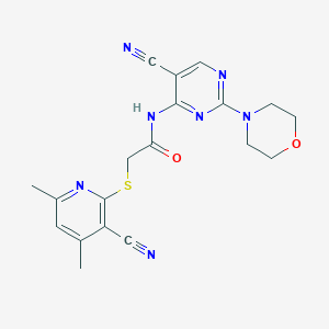 molecular formula C19H19N7O2S B276350 2-[(3-cyano-4,6-dimethyl-2-pyridinyl)sulfanyl]-N-[5-cyano-2-(4-morpholinyl)-4-pyrimidinyl]acetamide 