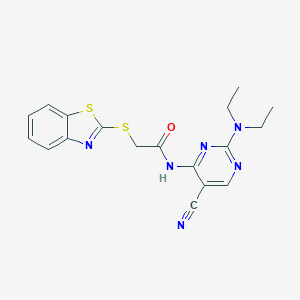 molecular formula C18H18N6OS2 B276351 2-(1,3-benzothiazol-2-ylsulfanyl)-N-[5-cyano-2-(diethylamino)-4-pyrimidinyl]acetamide 