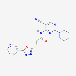 molecular formula C19H18N8O2S B276356 N-[5-cyano-2-(1-piperidinyl)-4-pyrimidinyl]-2-{[5-(3-pyridinyl)-1,3,4-oxadiazol-2-yl]sulfanyl}acetamide 
