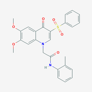 molecular formula C26H24N2O6S B2763590 2-(6,7-dimethoxy-4-oxo-3-(phenylsulfonyl)quinolin-1(4H)-yl)-N-(o-tolyl)acetamide CAS No. 866725-52-2