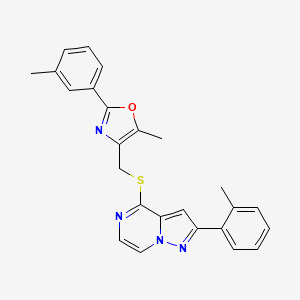 molecular formula C25H22N4OS B2763599 4-({[5-Methyl-2-(3-methylphenyl)-1,3-oxazol-4-yl]methyl}thio)-2-(2-methylphenyl)pyrazolo[1,5-a]pyrazine CAS No. 1207030-62-3