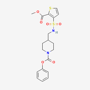 molecular formula C19H22N2O6S2 B2763627 Phenyl 4-((2-(methoxycarbonyl)thiophene-3-sulfonamido)methyl)piperidine-1-carboxylate CAS No. 1235357-56-8