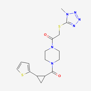 molecular formula C16H20N6O2S2 B2763674 2-((1-methyl-1H-tetrazol-5-yl)thio)-1-(4-(2-(thiophen-2-yl)cyclopropanecarbonyl)piperazin-1-yl)ethanone CAS No. 1211417-18-3