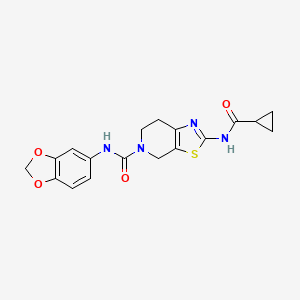 molecular formula C18H18N4O4S B2763683 N-(benzo[d][1,3]dioxol-5-yl)-2-(cyclopropanecarboxamido)-6,7-dihydrothiazolo[5,4-c]pyridine-5(4H)-carboxamide CAS No. 1351618-08-0