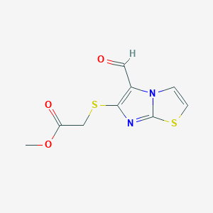 molecular formula C9H8N2O3S2 B2763685 甲基 2-({5-甲酰基咪唑并[2,1-b][1,3]噻唑-6-基}硫基)乙酸酯 CAS No. 881242-91-7