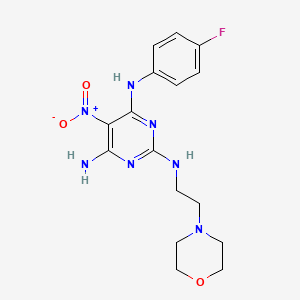 molecular formula C16H20FN7O3 B2763696 N~4~-(4-fluorophenyl)-N~2~-[2-(morpholin-4-yl)ethyl]-5-nitropyrimidine-2,4,6-triamine CAS No. 674332-62-8