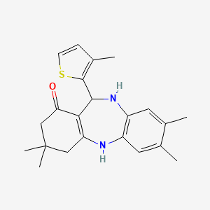 molecular formula C22H26N2OS B2763708 3,3,7,8-tetramethyl-11-(3-methyl-2-thienyl)-2,3,4,5,10,11-hexahydro-1H-dibenzo[b,e][1,4]diazepin-1-one CAS No. 338748-48-4