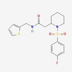 molecular formula C18H21FN2O3S2 B2763715 2-(1-((4-fluorophenyl)sulfonyl)piperidin-2-yl)-N-(thiophen-2-ylmethyl)acetamide CAS No. 1021041-38-2