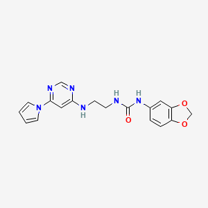 molecular formula C18H18N6O3 B2763730 1-(2-((6-(1H-pyrrol-1-yl)pyrimidin-4-yl)amino)ethyl)-3-(benzo[d][1,3]dioxol-5-yl)urea CAS No. 1396625-21-0