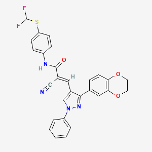 molecular formula C28H20F2N4O3S B2763756 (E)-2-cyano-N-[4-(difluoromethylsulfanyl)phenyl]-3-[3-(2,3-dihydro-1,4-benzodioxin-6-yl)-1-phenylpyrazol-4-yl]prop-2-enamide CAS No. 956362-58-6