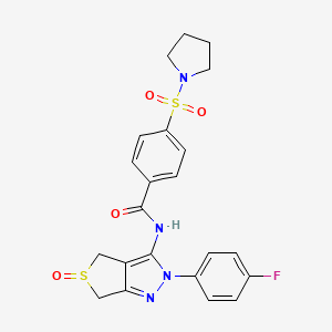 molecular formula C22H21FN4O4S2 B2763810 N-[2-(4-fluorophenyl)-5-oxo-4,6-dihydrothieno[3,4-c]pyrazol-3-yl]-4-pyrrolidin-1-ylsulfonylbenzamide CAS No. 958717-49-2