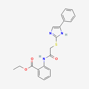 molecular formula C20H19N3O3S B2763830 乙酸2-(2-((5-苯基-1H-咪唑-2-基)硫代)乙酰氨基)苯甲酸酯 CAS No. 941905-72-2