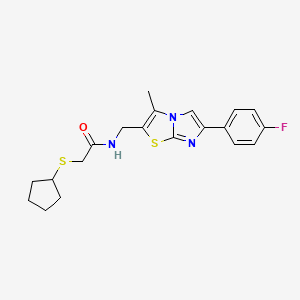 molecular formula C20H22FN3OS2 B2763848 2-(环戊硫基)-N-((6-(4-氟苯基)-3-甲基咪唑并[2,1-b]噻唑-2-基)甲基)乙酰胺 CAS No. 1706366-69-9