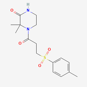 molecular formula C16H22N2O4S B2763860 3,3-Dimethyl-4-(3-tosylpropanoyl)piperazin-2-one CAS No. 952886-79-2