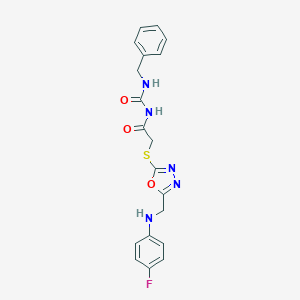 molecular formula C19H18FN5O3S B276389 N-benzyl-N'-[({5-[(4-fluoroanilino)methyl]-1,3,4-oxadiazol-2-yl}sulfanyl)acetyl]urea 