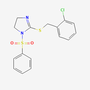 molecular formula C16H15ClN2O2S2 B2764005 1-(Benzenesulfonyl)-2-[(2-chlorophenyl)methylsulfanyl]-4,5-dihydroimidazole CAS No. 868217-78-1