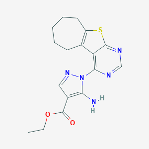 molecular formula C17H19N5O2S B276403 ethyl 5-amino-1-(6,7,8,9-tetrahydro-5H-cyclohepta[4,5]thieno[2,3-d]pyrimidin-4-yl)-1H-pyrazole-4-carboxylate 
