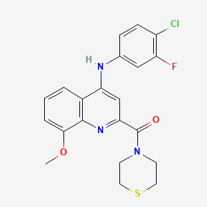 molecular formula C21H19ClFN3O2S B2764036 (4-((4-Chloro-3-fluorophenyl)amino)-8-methoxyquinolin-2-yl)(thiomorpholino)methanone CAS No. 1251565-49-7