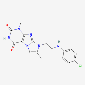 molecular formula C17H17ClN6O2 B2764049 8-(2-((4-chlorophenyl)amino)ethyl)-1,7-dimethyl-1H-imidazo[2,1-f]purine-2,4(3H,8H)-dione CAS No. 923203-58-1