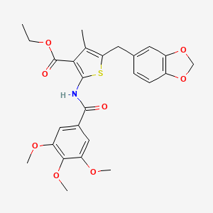 molecular formula C26H27NO8S B2764082 Ethyl 5-(1,3-benzodioxol-5-ylmethyl)-4-methyl-2-[(3,4,5-trimethoxybenzoyl)amino]thiophene-3-carboxylate CAS No. 476365-59-0