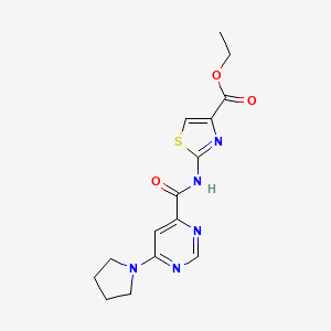 molecular formula C15H17N5O3S B2764097 Ethyl 2-(6-(pyrrolidin-1-yl)pyrimidine-4-carboxamido)thiazole-4-carboxylate CAS No. 2034365-00-7
