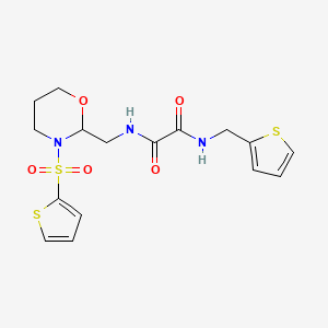 molecular formula C16H19N3O5S3 B2764121 N'-(thiophen-2-ylmethyl)-N-[(3-thiophen-2-ylsulfonyl-1,3-oxazinan-2-yl)methyl]oxamide CAS No. 872986-81-7