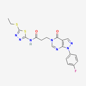 molecular formula C18H16FN7O2S2 B2764178 N-(5-(乙硫基)-1,3,4-噻二唑-2-基)-3-(1-(4-氟苯基)-4-氧代-1H-吡唑并[3,4-d]嘧啶-5(4H)-基)丙酰胺 CAS No. 952977-98-9