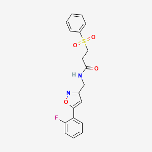 molecular formula C19H17FN2O4S B2764187 N-((5-(2-fluorophenyl)isoxazol-3-yl)methyl)-3-(phenylsulfonyl)propanamide CAS No. 1206998-30-2