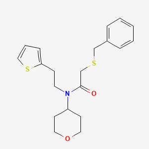 molecular formula C20H25NO2S2 B2764193 2-(benzylthio)-N-(tetrahydro-2H-pyran-4-yl)-N-(2-(thiophen-2-yl)ethyl)acetamide CAS No. 1797268-71-3