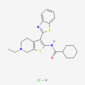 molecular formula C23H28ClN3OS2 B2764209 N-(3-(benzo[d]thiazol-2-yl)-6-ethyl-4,5,6,7-tetrahydrothieno[2,3-c]pyridin-2-yl)cyclohexanecarboxamide hydrochloride CAS No. 1329904-42-8