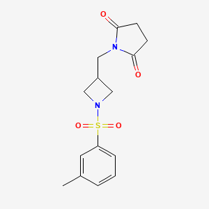 molecular formula C15H18N2O4S B2764240 1-{[1-(2-甲苯磺酰)吖唑啉-3-基]甲基}吡咯啉-2,5-二酮 CAS No. 2309751-70-8