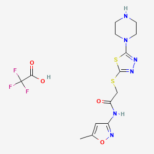 molecular formula C14H17F3N6O4S2 B2764300 N-(5-methylisoxazol-3-yl)-2-((5-(piperazin-1-yl)-1,3,4-thiadiazol-2-yl)thio)acetamide 2,2,2-trifluoroacetate CAS No. 1351613-08-5