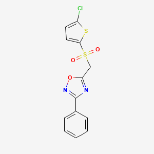 molecular formula C13H9ClN2O3S2 B2764302 5-(((5-Chlorothiophen-2-yl)sulfonyl)methyl)-3-phenyl-1,2,4-oxadiazole CAS No. 1105225-34-0