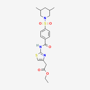 molecular formula C21H27N3O5S2 B2764317 Ethyl 2-(2-(4-((3,5-dimethylpiperidin-1-yl)sulfonyl)benzamido)thiazol-4-yl)acetate CAS No. 361167-60-4