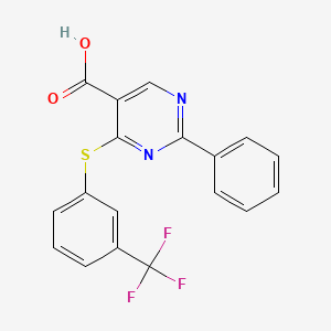 molecular formula C18H11F3N2O2S B2764449 2-Phenyl-4-{[3-(trifluoromethyl)phenyl]sulfanyl}-5-pyrimidinecarboxylic acid CAS No. 477854-57-2