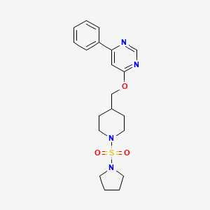 molecular formula C20H26N4O3S B2764452 4-Phenyl-6-[(1-pyrrolidin-1-ylsulfonylpiperidin-4-yl)methoxy]pyrimidine CAS No. 2379977-25-8