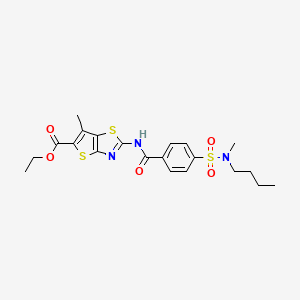molecular formula C21H25N3O5S3 B2764479 乙酸乙酯 2-(4-(N-丁基-N-甲基磺酰)苯甲酰胺基)-6-甲基噻唑并[2,3-d]噻唑-5-羧酸酯 CAS No. 683790-96-7