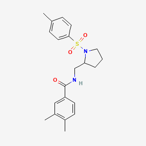 molecular formula C21H26N2O3S B2764501 3,4-二甲基-N-((1-对甲苯磺酰吡咯啉-2-基)甲基)苯甲酰胺 CAS No. 896275-40-4