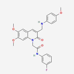 molecular formula C27H26FN3O5 B2764592 2-(6,7-dimethoxy-3-(((4-methoxyphenyl)amino)methyl)-2-oxoquinolin-1(2H)-yl)-N-(3-fluorophenyl)acetamide CAS No. 894561-21-8