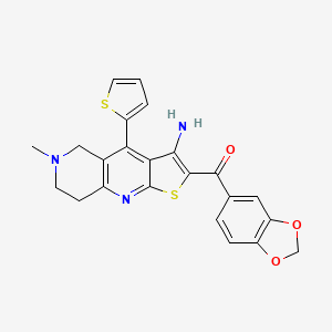 molecular formula C23H19N3O3S2 B2764604 (3-amino-6-methyl-4-thiophen-2-yl-7,8-dihydro-5H-thieno[2,3-b][1,6]naphthyridin-2-yl)-(1,3-benzodioxol-5-yl)methanone CAS No. 354555-88-7