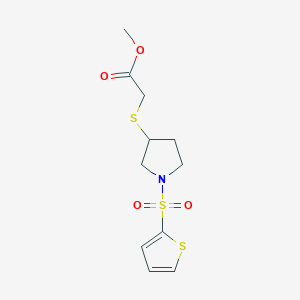 molecular formula C11H15NO4S3 B2764614 Methyl 2-((1-(thiophen-2-ylsulfonyl)pyrrolidin-3-yl)thio)acetate CAS No. 1795493-13-8